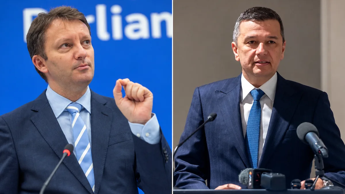 Montaj cu Siegfried Mureșan și Sorin Grindeanu, fiecare în fața unor microfoane.
