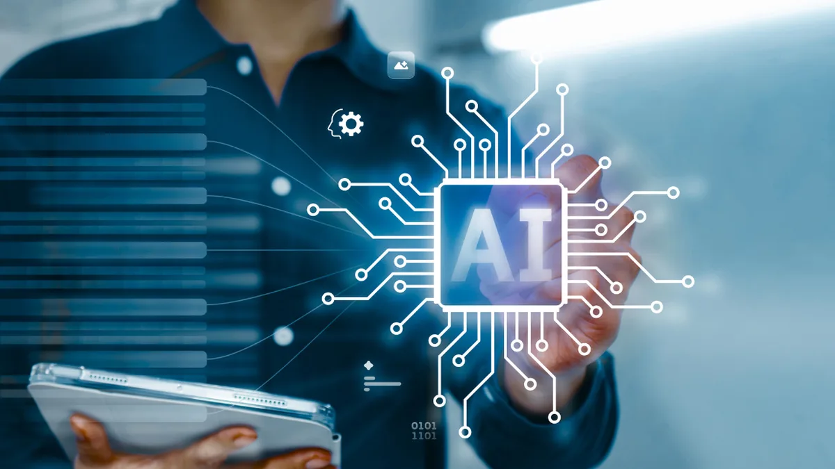 O persoană ține o tabletă, lângă reprezentarea grafică a unui cip cu inscripția „AI” și circuite.