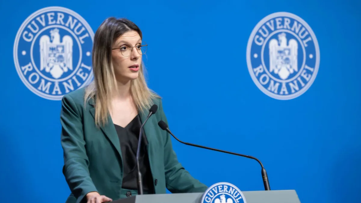 Diana Buzoianu vorbește la un pupitru cu două microfoane, pe un fundal albastru cu însemnele Guvernului României.